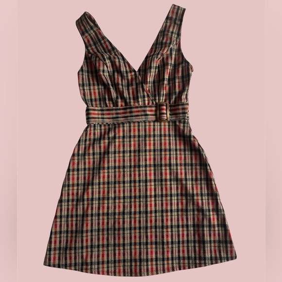 Plaid mini dress size medium fall retro vneck sleeveless - Picture 1 of 10